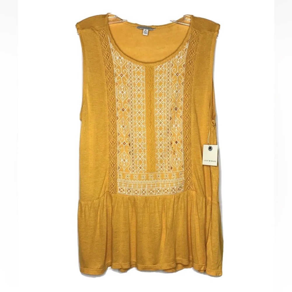 Lucky Brand Embroidered Peplum Tank Top Yellow Boho Medium